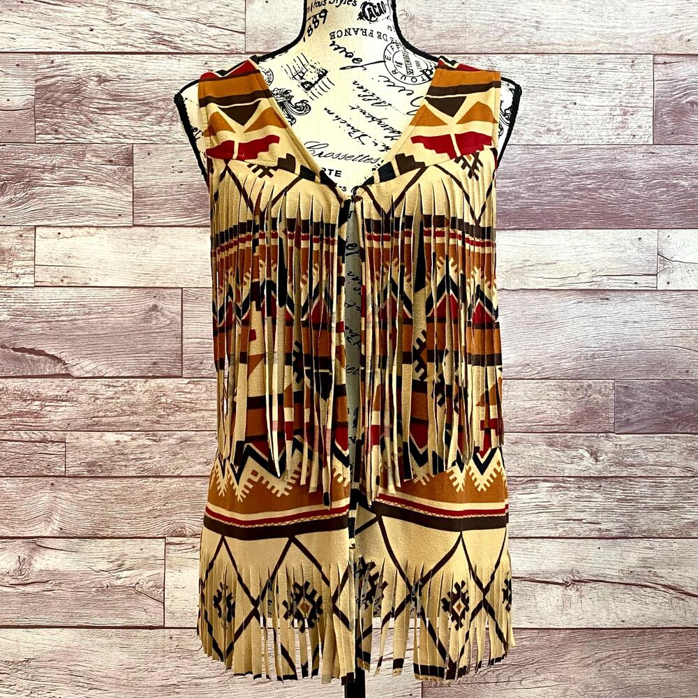 Mia Western Double Layer Fringe Geometric Open Front Vest/Sleeveless Cardigan